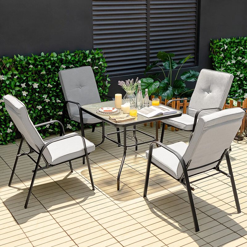 Mondawe 6Pcs Outdoor Dining Set,Square Glass Table W/ Sun-Protective Umbrella & 4 Stackable Chairs