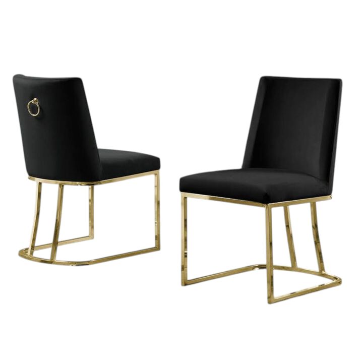 Set of 2 Velvet Dining Chair with Gold Sleigh Legs and Back Ring Handle - Black