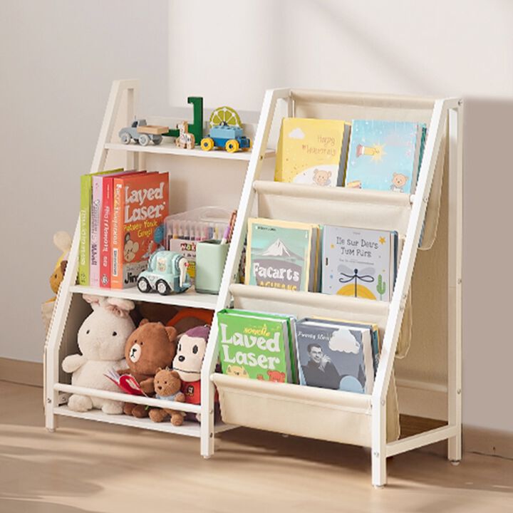 3-Tier White Kids Bookshelf with Sling Book Rack and Toy Storage Organizer