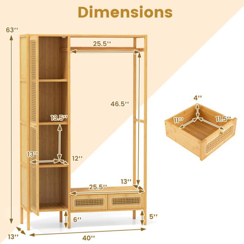 Hivvago Bamboo Clothing Rack with Cabinet and Drawers and Hanging Rod