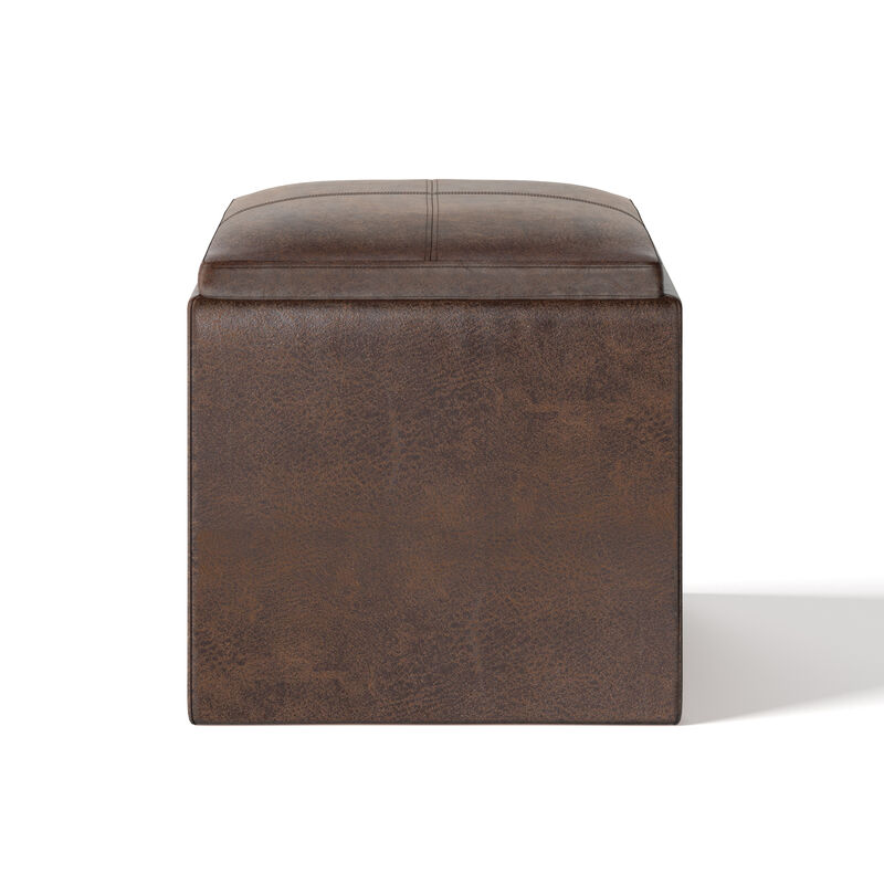 Rockwood Cube Storage Ottoman with Tray in Distressed Brown Faux Leather