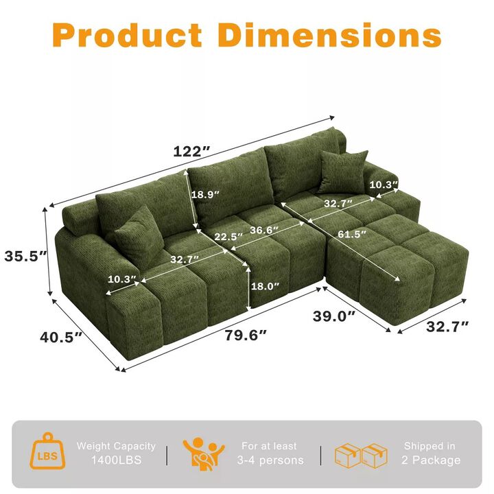 Vipbear 122" L Shaped Modular Sectional Sofa with Ottoman Oversized Deep Seat Comfy Chenille Fabric