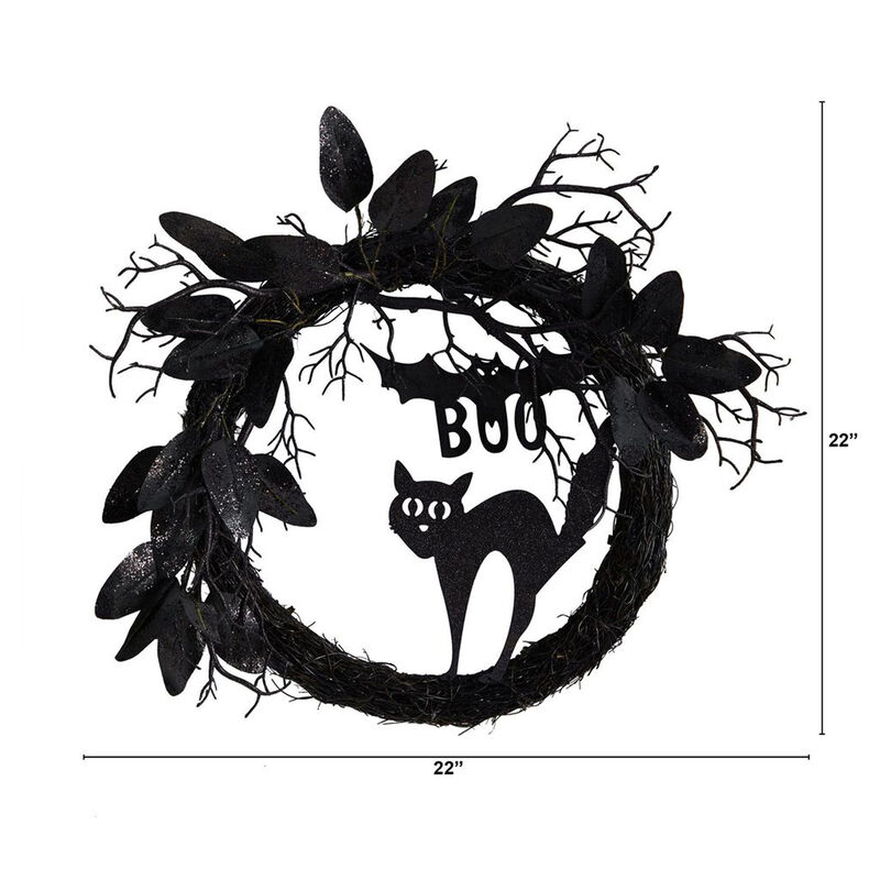 Nearly Natural 22-in Halloween Black Cat and Bat Boo Twig Wreath