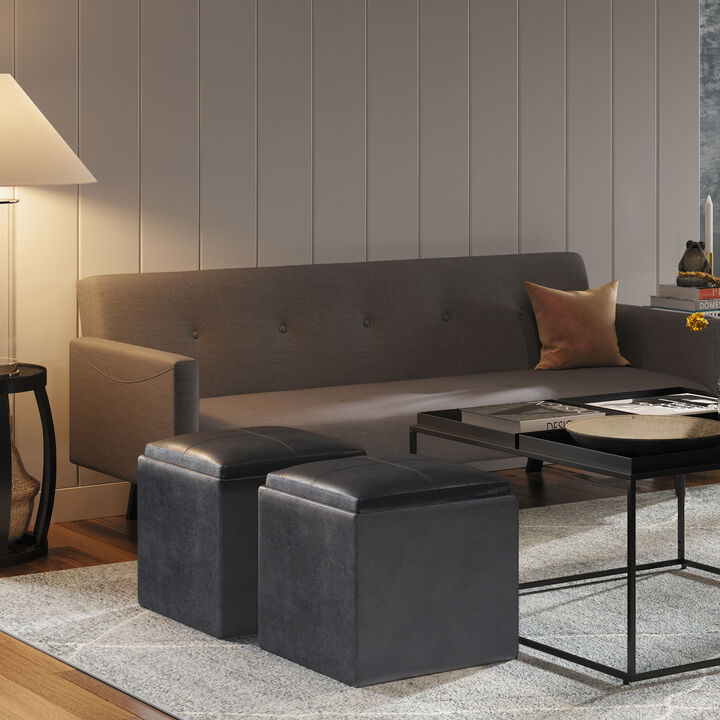 Rockwood 17 inch Wide Contemporary Square Cube Storage Ottoman with Tray in Distressed Black Vegan Faux Leather, Assembled