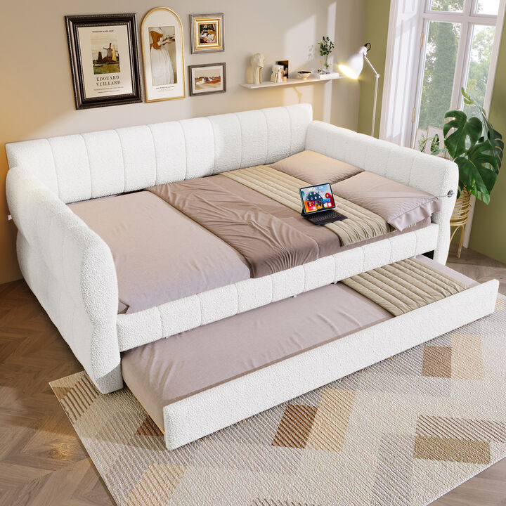 Merax Queen Size Gray Lambswool Upholstered Daybed with USB Charging