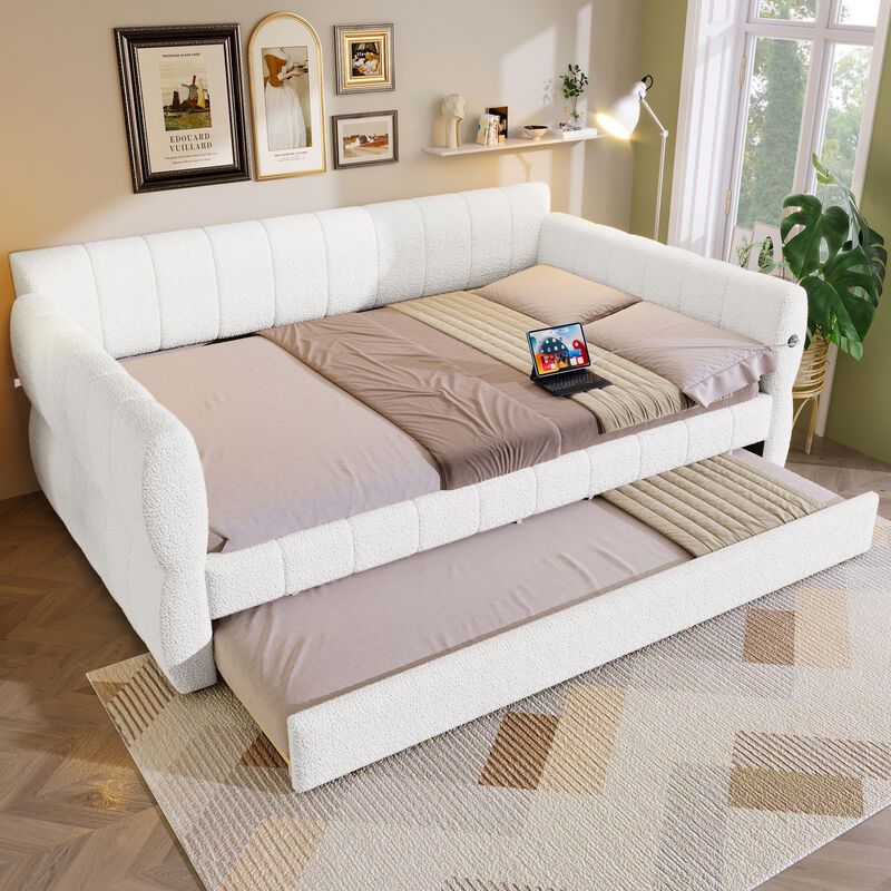 Merax Queen Size Gray Lambswool Upholstered Daybed with USB Charging image number 1