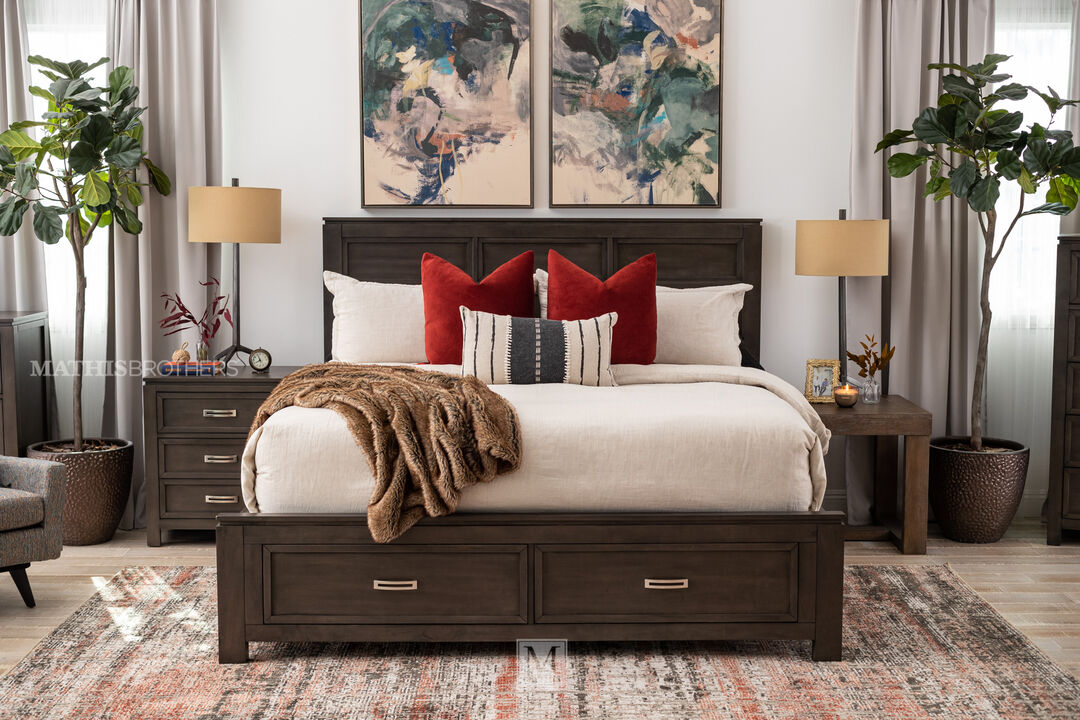 Harper 4-Piece Bedroom Set. It includes a storage bed, nightstand, dresser and mirror.Straight lines, sharp corners and rectangular molding add to the contemporary look with a geometric style.