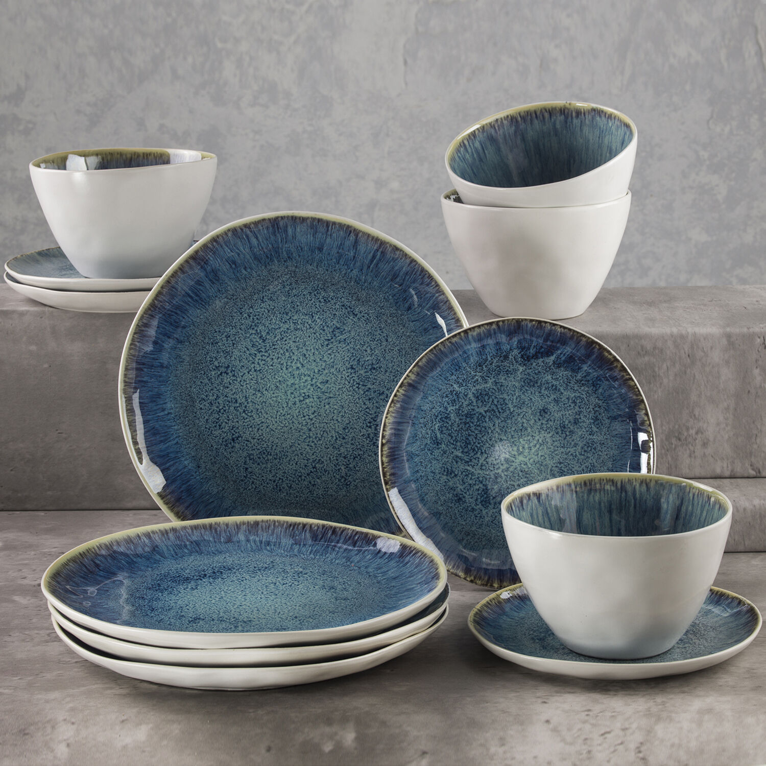 食器 Nicole ClayBarn Nicole 12-Piece Stoneware Reactive Glaze Blue Dinnerware