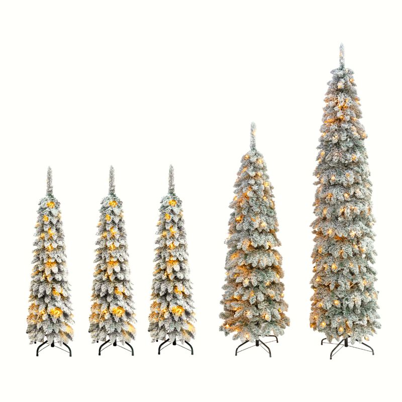 Whisen 8FT, 6FT, 4FT x 3 Pre-Lit Pencil Christmas Trees, 5-set Slim Artificial Christmas Tree With Snow Flocking, Xmas Holiday Decoration Tree, 1820 Branch Tips, 350 LED Lights image number 5