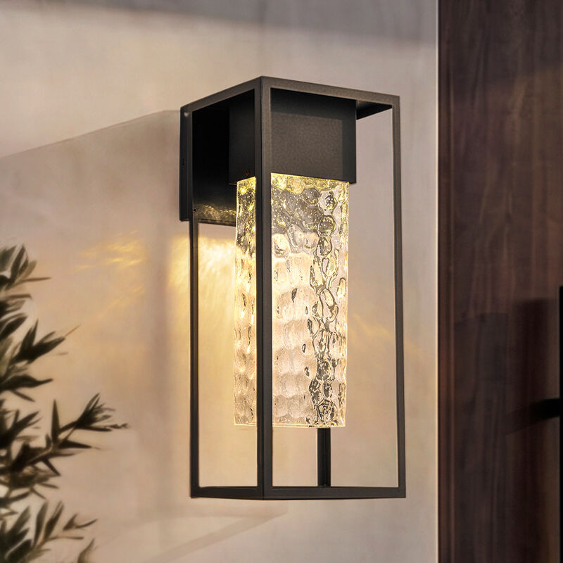 H19" Modern Large Matte Black 10W Integrated LED Wall Sconce with Open Frame and Seeded Glass for Porch Garage Entryway Exterior Lighting image number 1