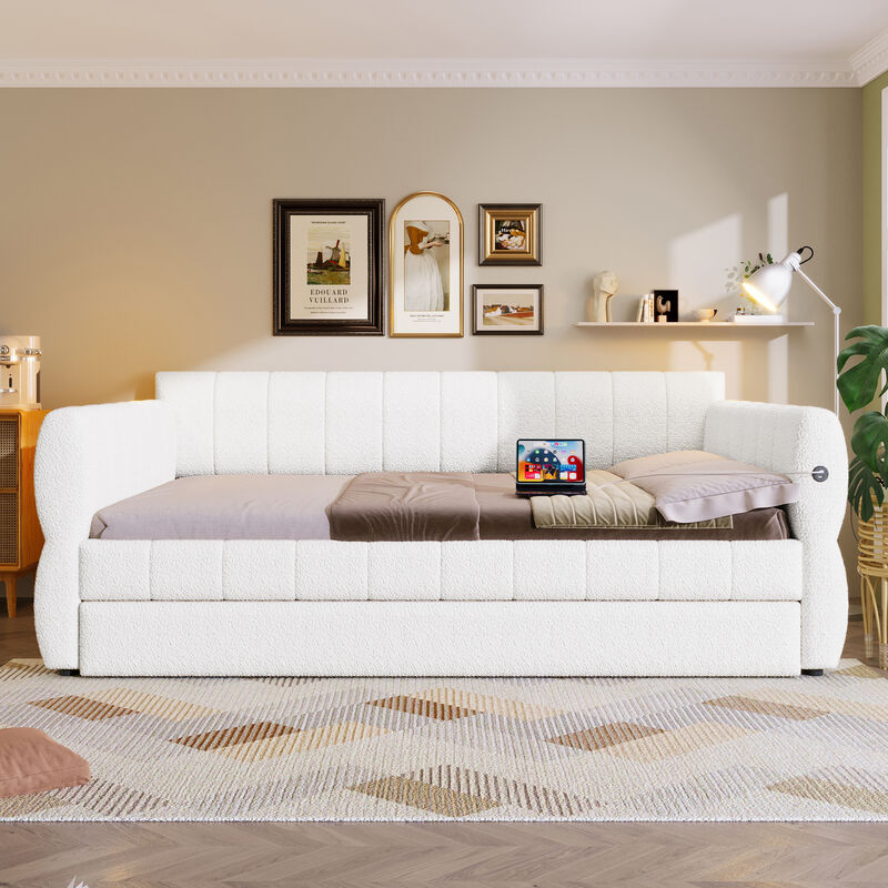 Merax Queen Size Gray Lambswool Upholstered Daybed with USB Charging image number 2