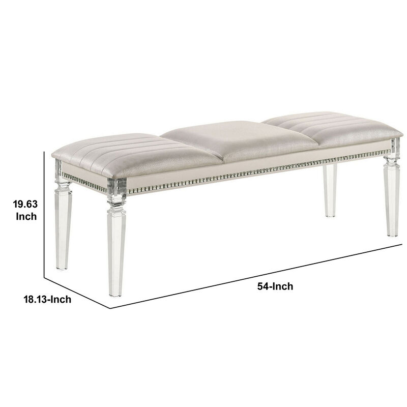 Tufted Leatherette Seater Wooden Bench with Mirror Accents, White-Benzara