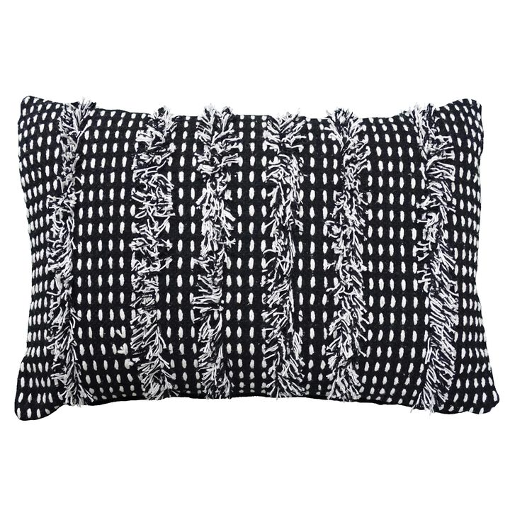 24” Black and White Handloomed Throw Pillow with Fringes