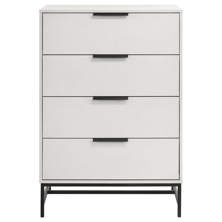 Noro Tall Dresser Chest, 4 Storage Drawers, Modern White, Black Metal - Benzara