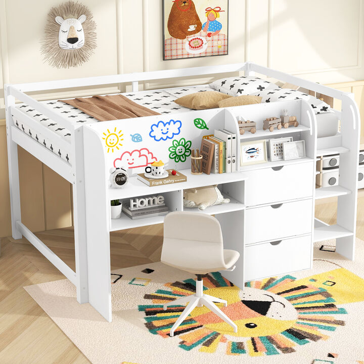 Whisen Full Size Low Loft Bed with Desk, Bookcase & Cabinets, Pine Wood, for Kids Bedroom