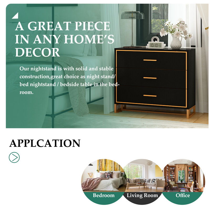 FUFU&GAGA Modern Black 3-Drawer Dresser with Gold Trim, Metal Handles & Base &ndash; Stylish Storage Cabinet for Bedroom(31.5"W x 15.7"D x 28.7"H),Black