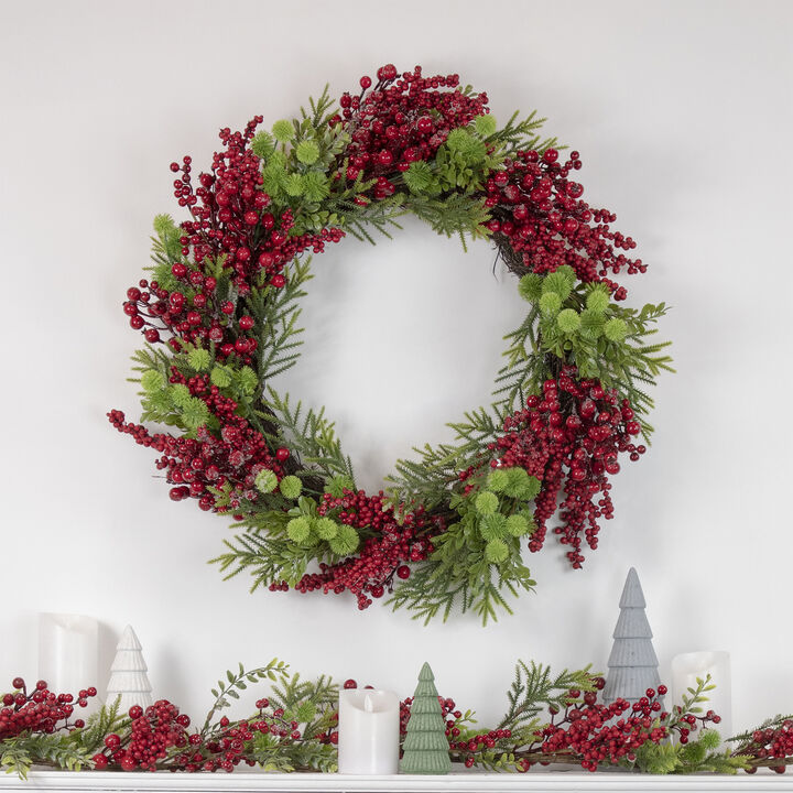 5' x 8" Frosted Pine and Red Berry Christmas Garland - Unlit