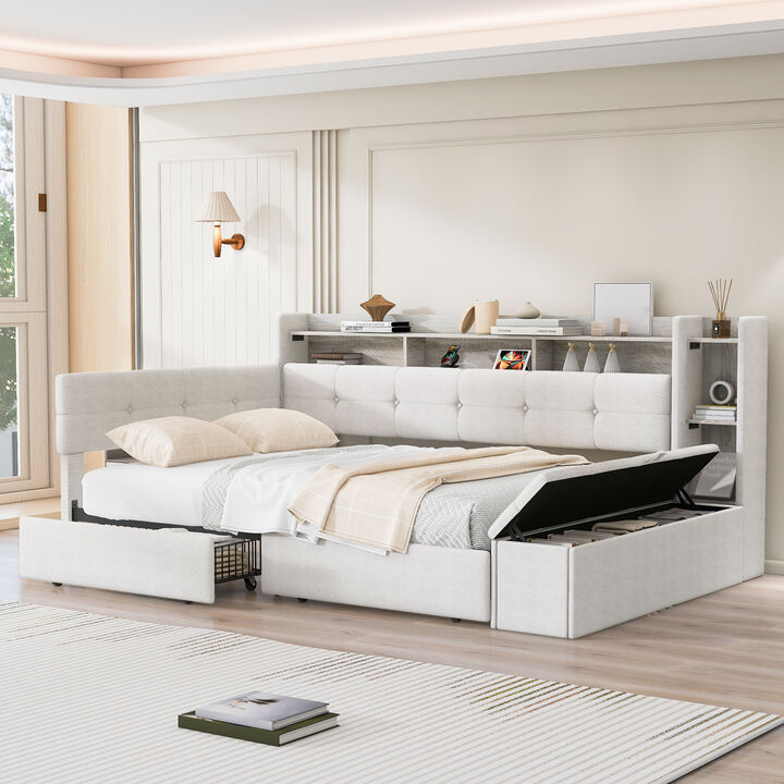 Merax Upholstery Daybed with Storage Footstool and Shelves,with Two Drawers