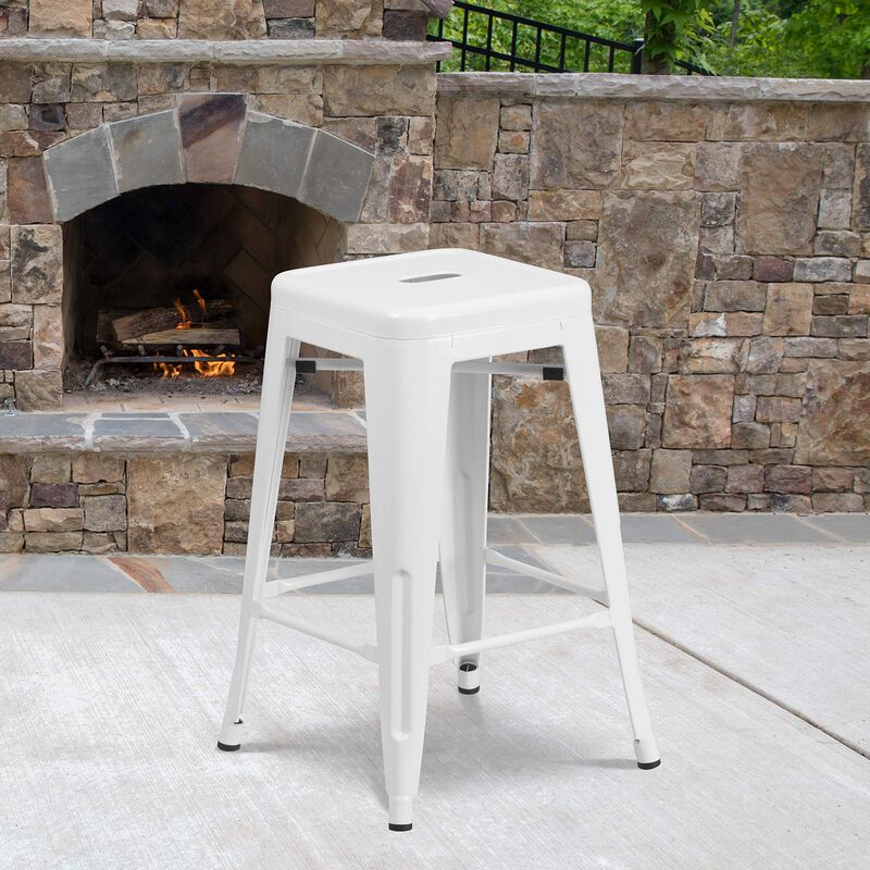 Flash Furniture Kai Commercial Grade 24" High Backless White Metal Indoor-Outdoor Counter Height Stool with Square Seat image number 1