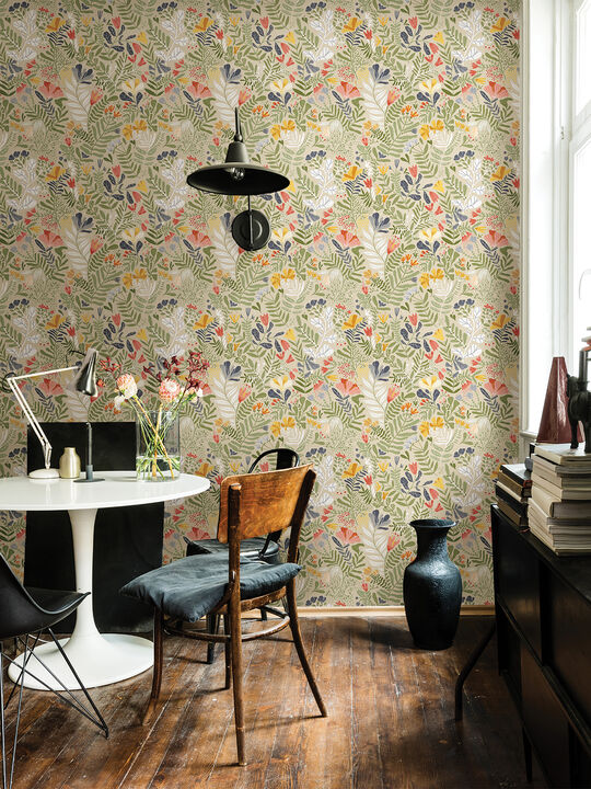 Brittsommar Beige Green Woodland Floral Wallpaper