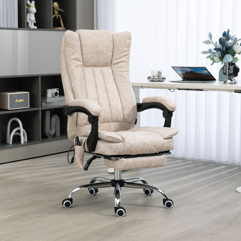 Vinsetto Microfiber Office Chair, High Back Computer Chair with 6 Point Massage, Heat, Adjustable Height and Retractable Footrest, Cream White