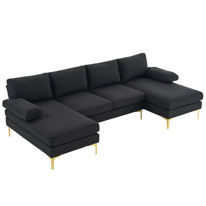 4-Seater U-Shaped Indoor Modular Sofa, Linen Seat with Wooden & Iron Frame, Gold Feet