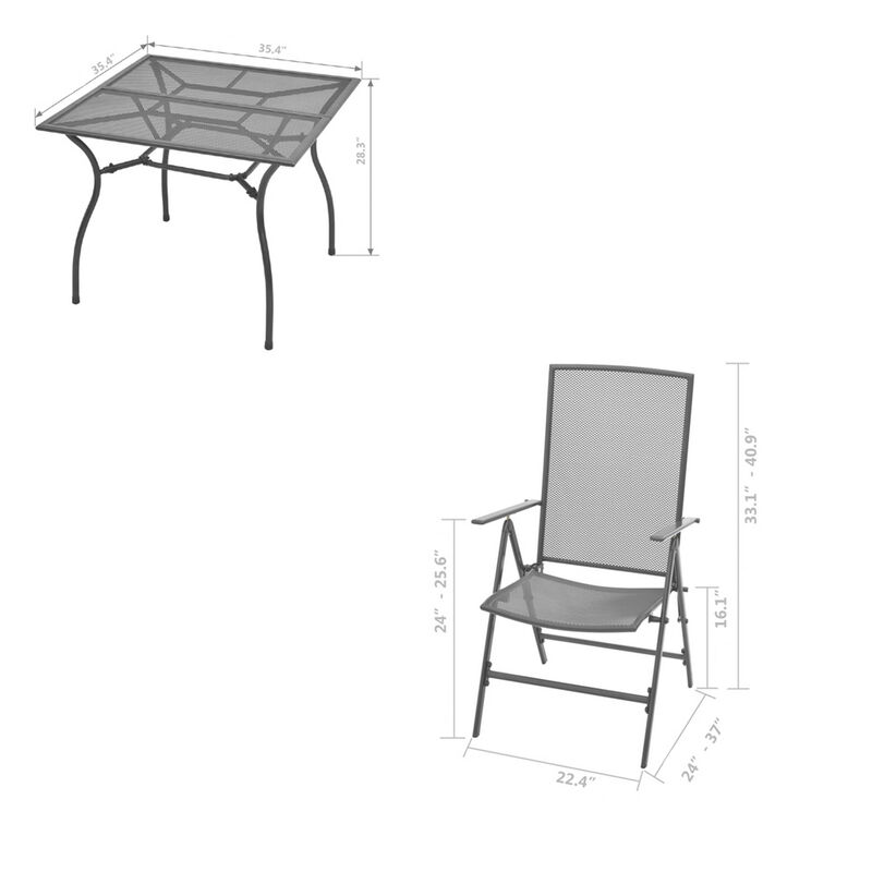 3pc Outdoor Breakfast Table Set with 2 Chairs, Square, Gray Steel - Benzara
