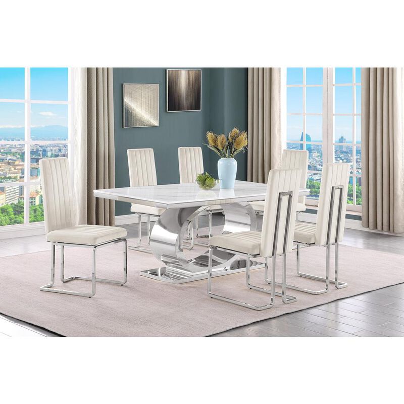 7pc Small(68") marble top dining set with silver base and 6 Cream side chairs