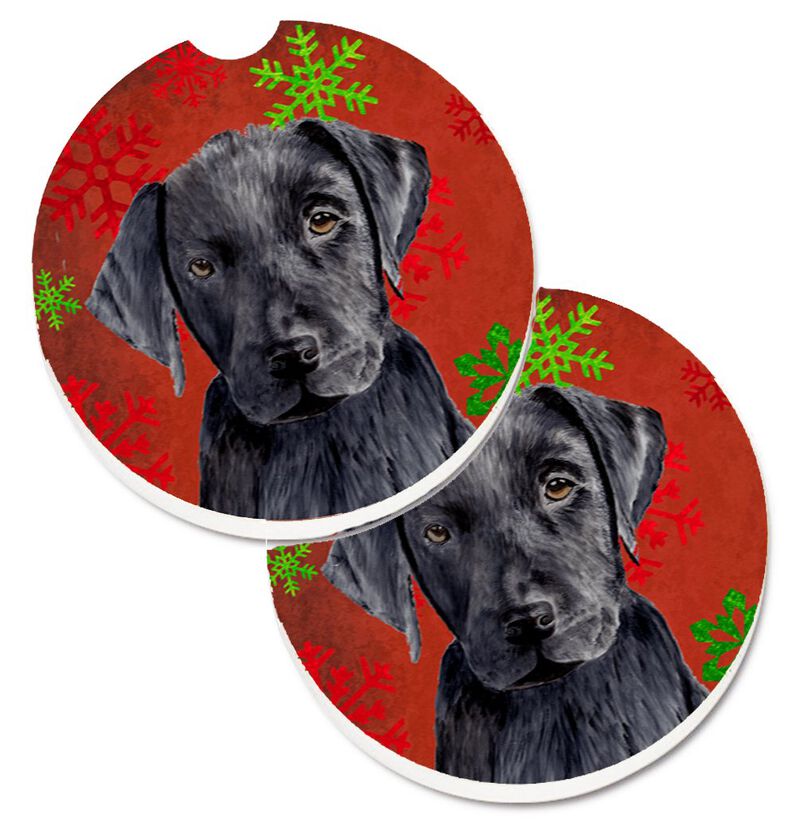 Caroline's Treasures Labrador Red & green Snowflakes Holiday Christmas Set of 2 Cup Holder Car Coasters SC9404CARC, 2.56, Multicolor image number 0