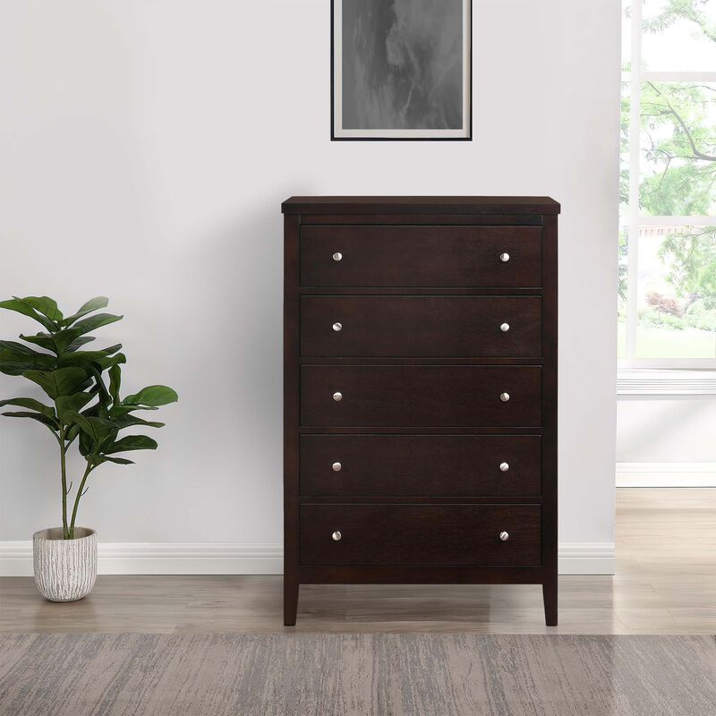 Con 48 Inch Tall 5 Drawer Dresser Chest, Silver Knobs, Cappuccino Brown - Benzara