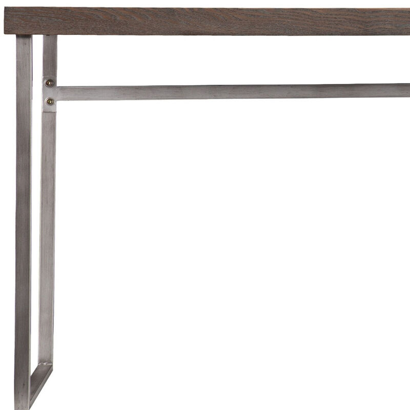 HomeRoots 46" Gray Brown and Silver Wood and Metal Distressed Sled Console Table image number 3