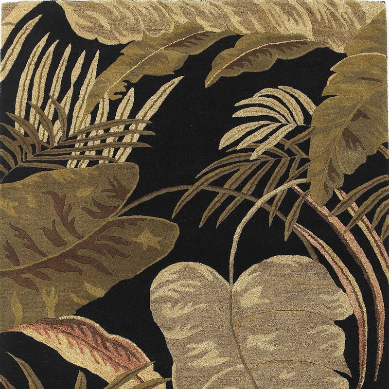 5'X8' Midnight Black Hand Tufted Tropical Leaves Indoor Area Rug