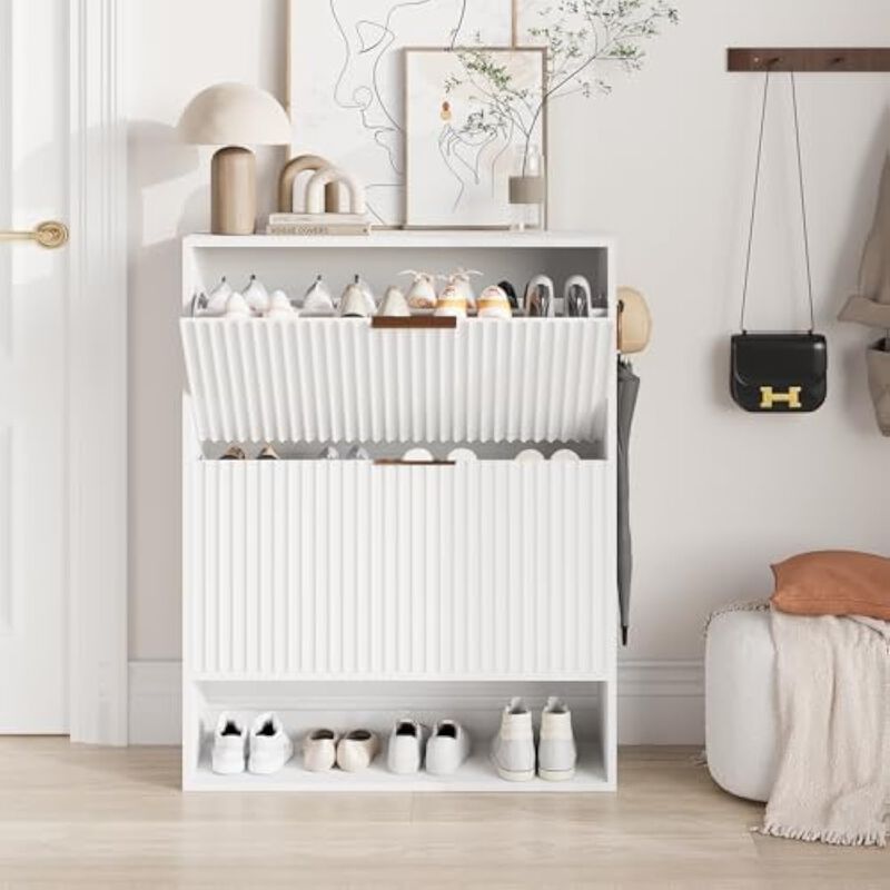 Slim Entryway Shoe Storage Cabinet Flip Drawer White 31 5 Inch image number 3