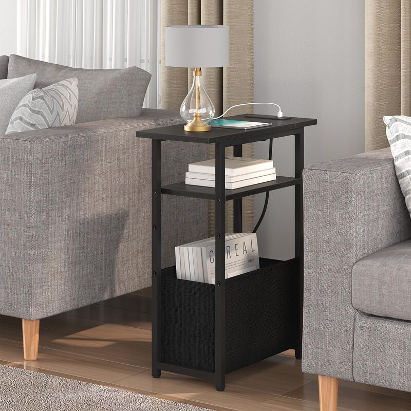sthmec Narrow Side Table with Charging Station, Small End Table for Small Spaces, Skinny Nightstands with Storage Basket, 3 Tier