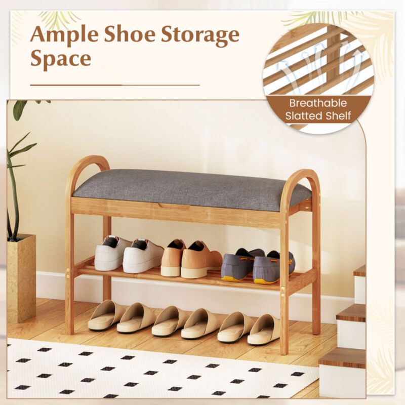 Entryway Wicker Shoe Bench with 2-Tier Storage and Soft Cushion-Natural image number 8