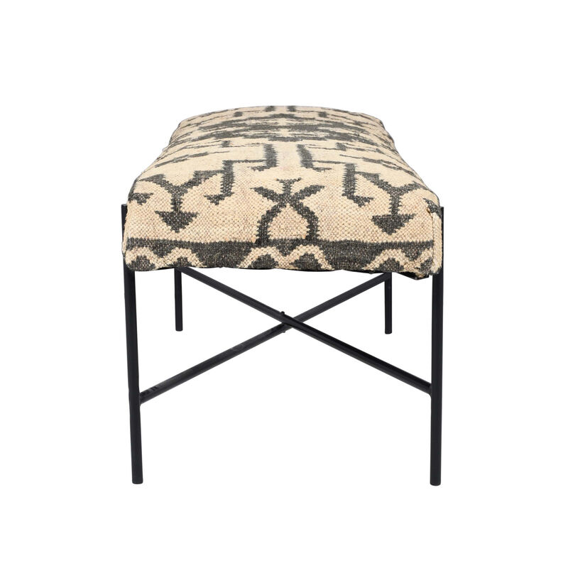 HomeRoots 48" Cream and Black Cotton Blend Upholstered Southwest Bench image number 3