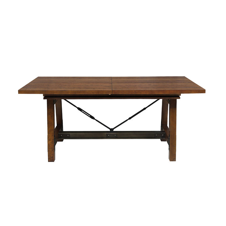 Wooden Dining Table with Extendable Leaf and Block Legs, Brown