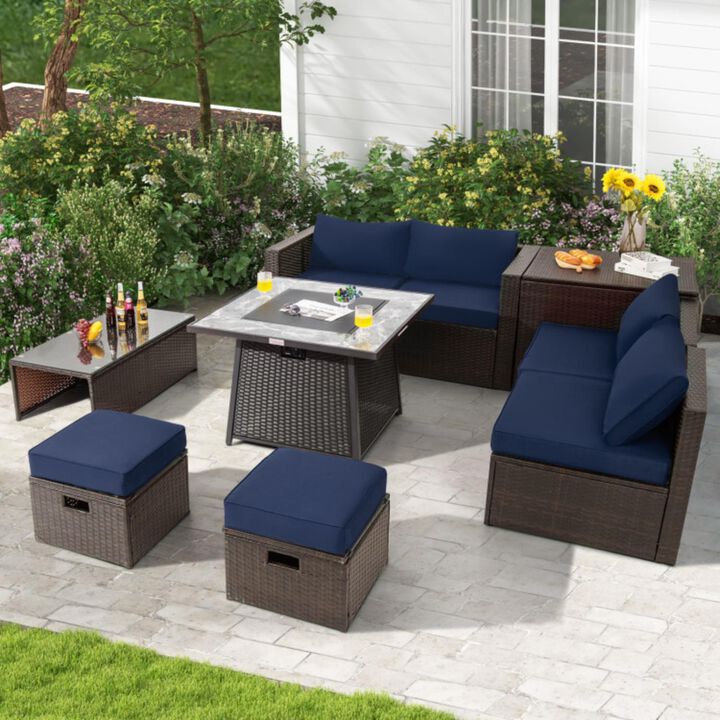 Hivvago 9 Pieces Patio PE Wicker Sectional Set with 50000 BTU Fire Pit Table