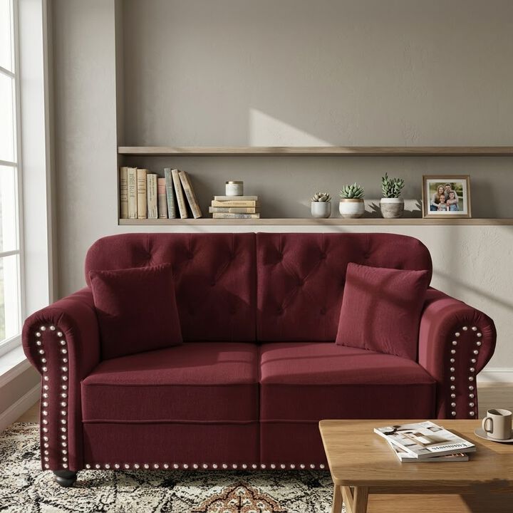 Whisen 63" Velvet Chesterfield Sofa, Mid-Century Modern Tufted Loveseat with Nailhead & 2 Pillows