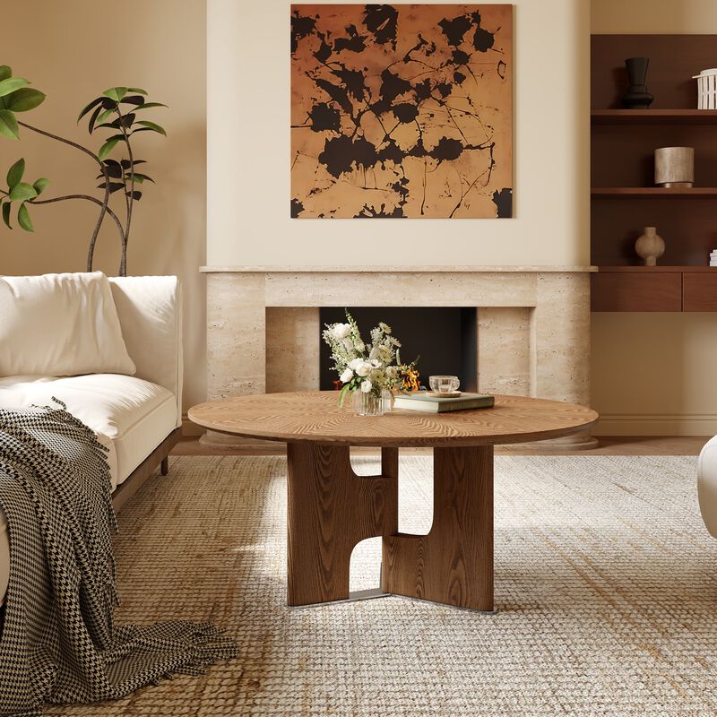 31.5-Inch Rustic Round Coffee Table with Ash Wood Veneer, Modern Wooden Living Room Table image number 3