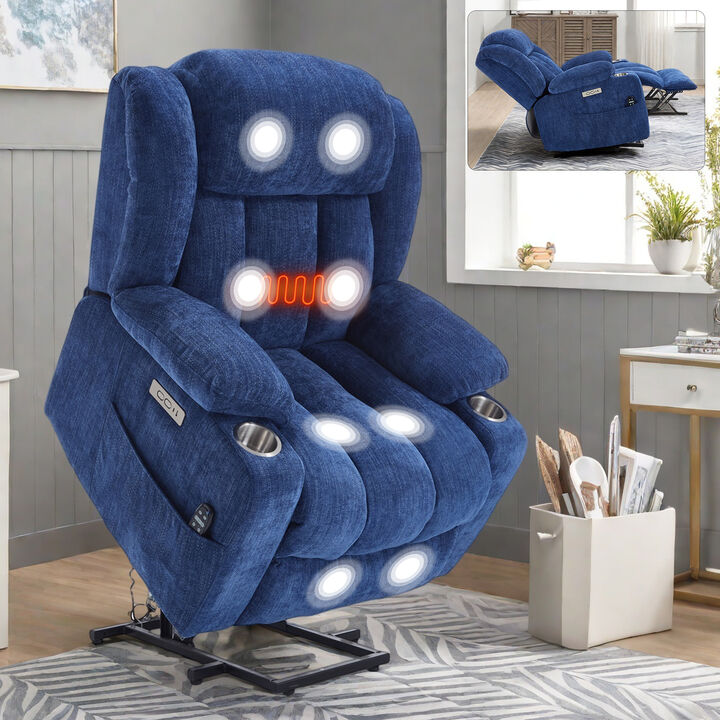 Chenille Power Lift Recliner Chair, with Massage and Heating, USB and Type-C Ports, Stainless Steel Cup Holders