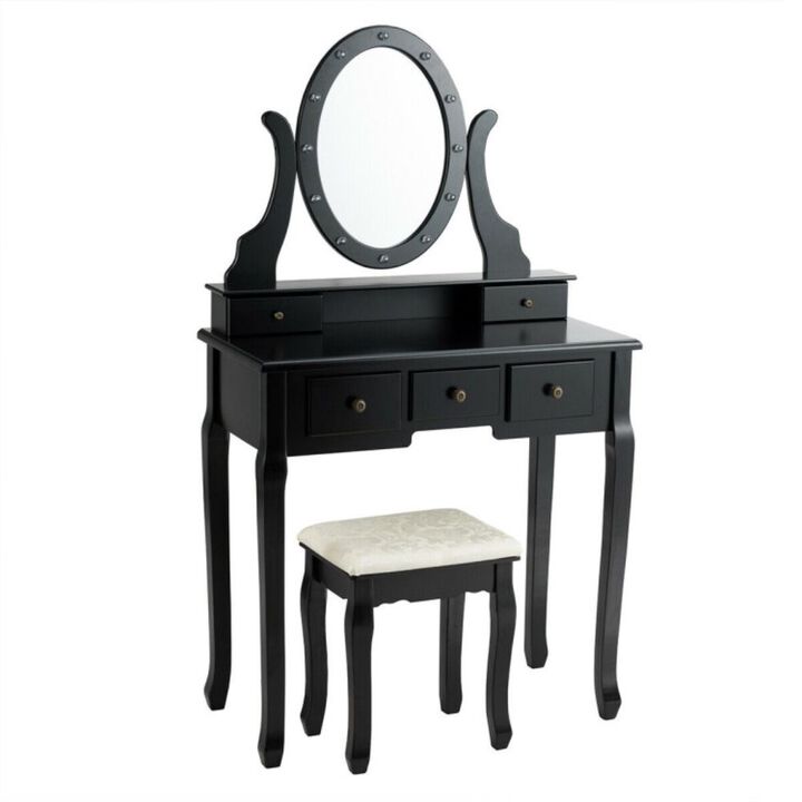 Hivvago 5 Drawers Vanity Table Stool Set with 12-LED Bulbs
