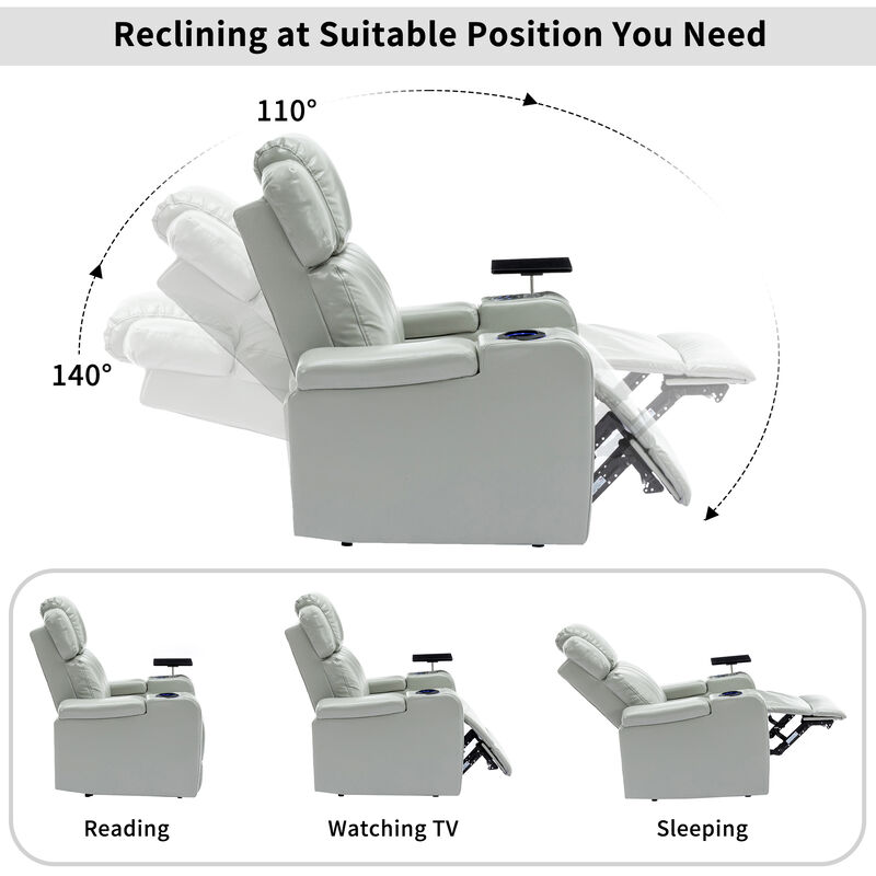 Whisen PU Leather Power Recliner with Cup Holder, Bluetooth Speaker, LED Lights, USB Ports, Tray Table and Arm Storage