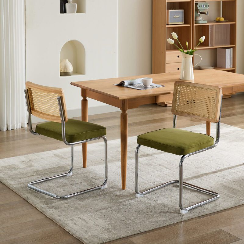 Whisen 2-Piece Mid Century Dining Chairs, Velvet Upholstered with Cane Back & Chrome Base, Cantilever Design for Kitchen image number 4