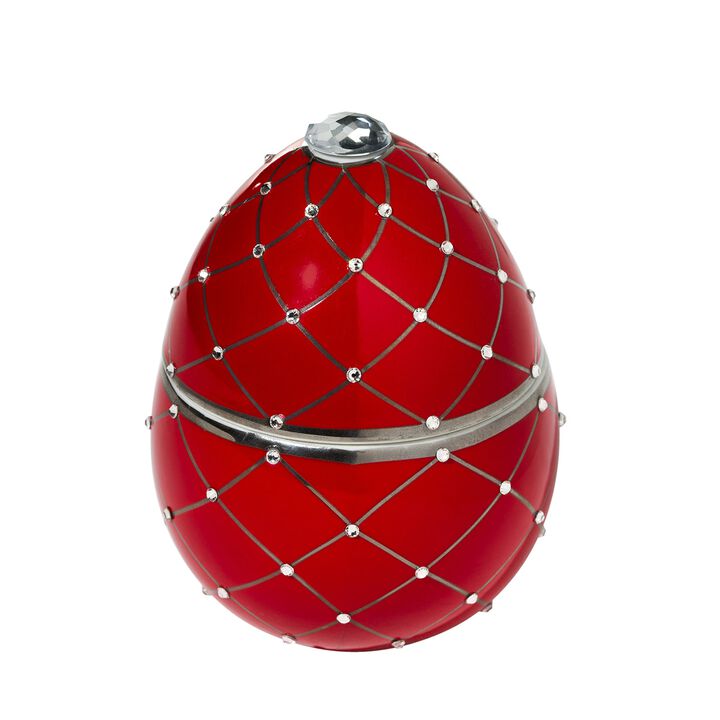 Candle in Ceramic Egg BOIS DE ROUSSIE 7 oz Red Silver Stripes 5.12 diam. x 6.5 in