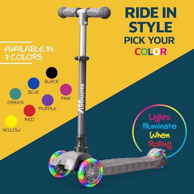Lifemaster 3-Wheel Kids Scooter with LED Wheels, 4-Level Adjustable Handlebar, Anti-Slip Deck, Safety Certified, Ages 2+, Supports 110 lbs, GrayToy image number 7