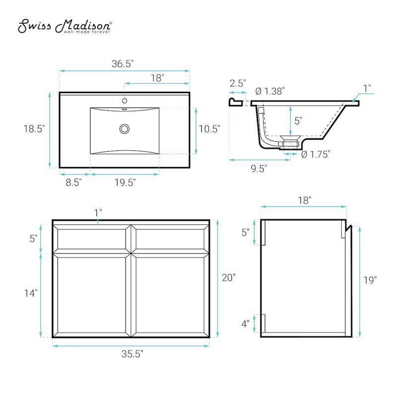 St. Tropez 36" Wall-Mounted Bathroom Vanity in Natural Oak with Black Sink Top image number 4