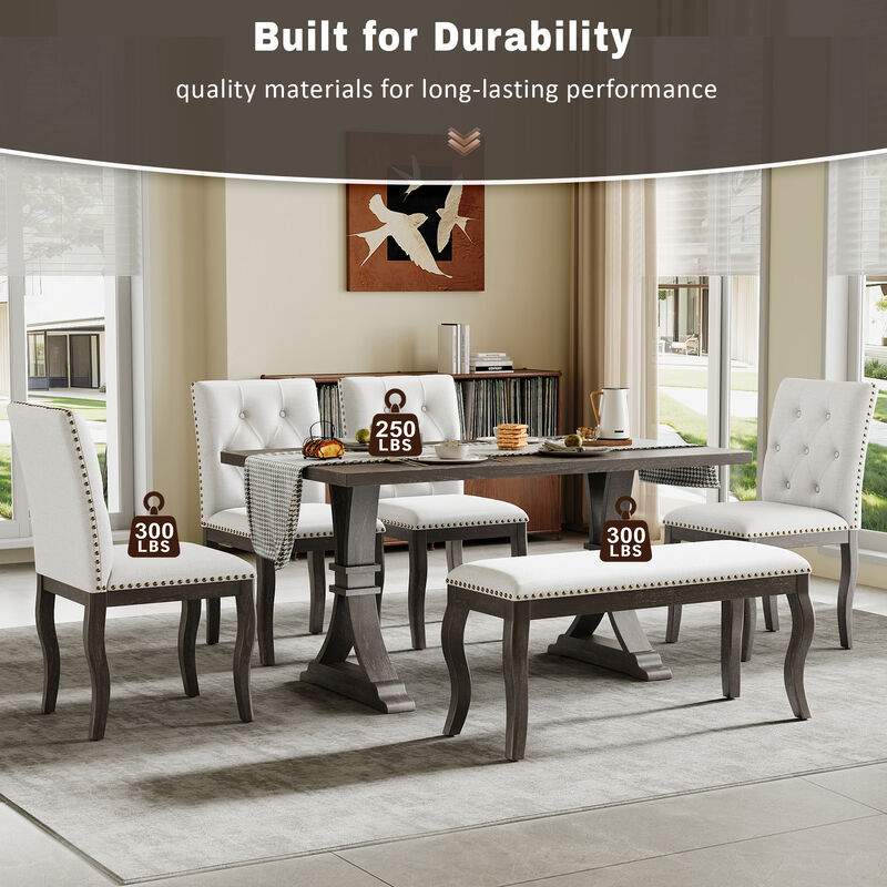 Whisen 6-Piece Dining Set with Bench, Farmhouse Natural Oak Table w/ 4 Upholstered Button Tufted Chairs, Solid Wood & MDF Kitchen Furniture image number 6