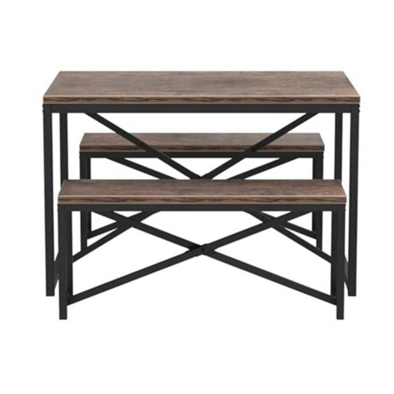 Modern Dining Table Set with Wood Top and Metal Frame Includes 2 Benches