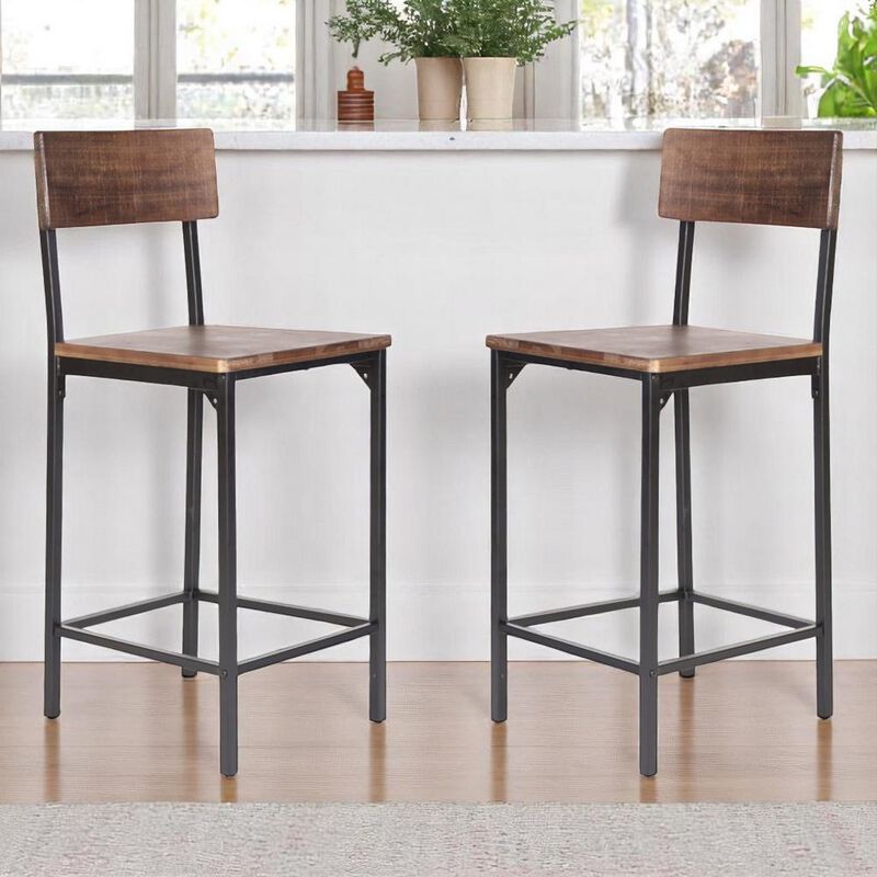 Hivvago Set of Two 25 Inch Brown and Black Solid Wood and Metal Counter Height Bar Chairs